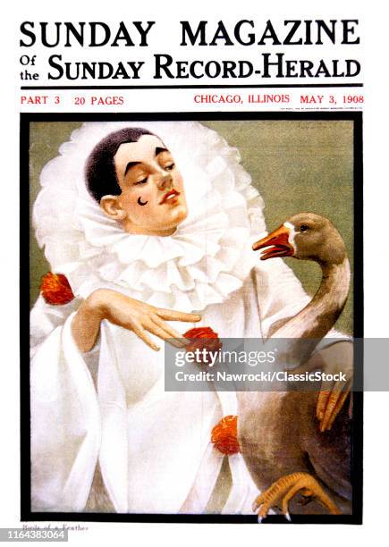 1900s Chicago Sunday Magazine Cover 1908 Pierrot Clown Holding Goose Commedia Dell'Arte French Pantomime Sad Clown