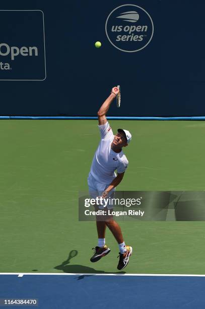 Alex De Minaur of Australia in a match against Bernard Tomic of Australia during the BB&T Atlanta Open at Atlantic Station on July 26, 2019 in...