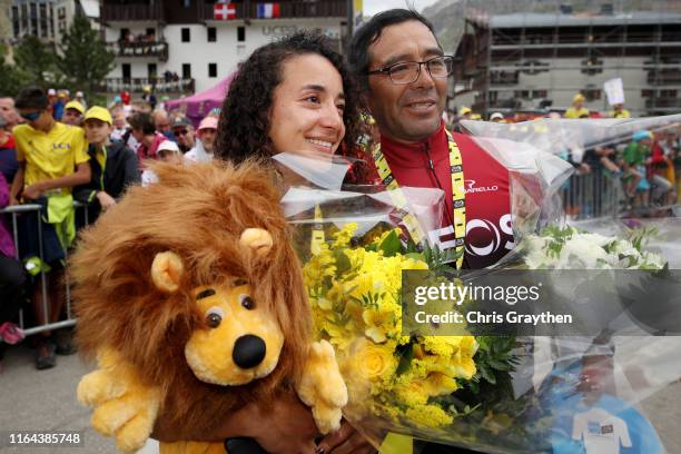 Xiomara Guerrero and Germán Bernal of Colombia girlfriend and father of Egan Bernal of Colombia and Team INEOS Yellow Leader Jersey / Celebration /...