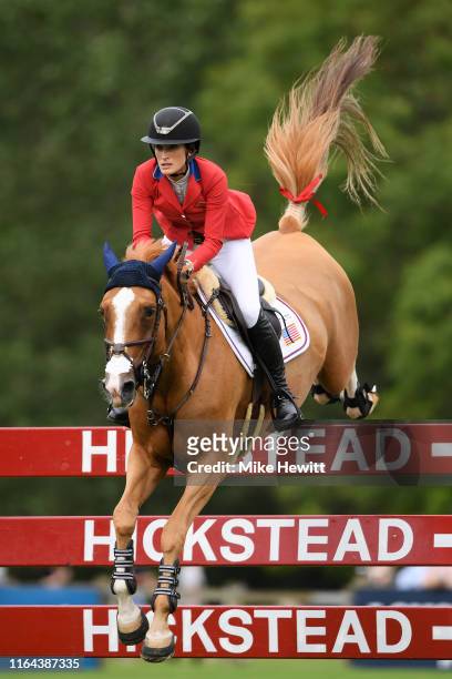 Jessica Springsteen of USA on Volage Du Val Henry in action during The Longines FEI Jumping Nations Cup of Great Britain on July 26, 2019 in...
