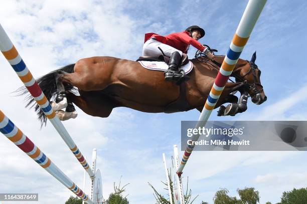 Jessica Springsteen of USA on Volage Du Val Henry in action during The Longines FEI Jumping Nations Cup of Great Britain on July 26, 2019 in...