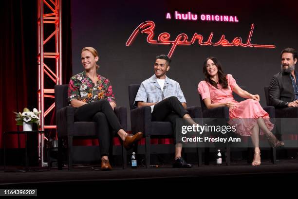 Rhys Wakefield, Mena Massoud, Abigail Spencer, and Rodrigo Santoro speak onstage during the Hulu 2019 Summer TCA Press Tour at The Beverly Hilton...