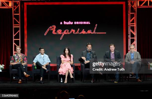 Rhys Wakefield, Mena Massoud, Abigail Spencer, Rodrigo Santoro, Josh Corbin, and Warren Littlefield speak onstage during the Hulu 2019 Summer TCA...