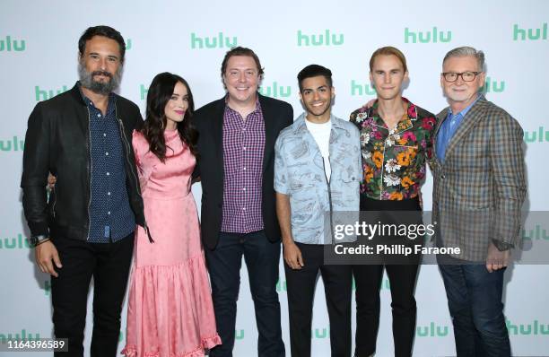 Rodrigo Santoro, Abigail Spencer, Josh Schwartz, Mena Massoud, Rhys Wakefield, and Warren Littlefield attend the Hulu 2019 Summer TCA Press Tour at...
