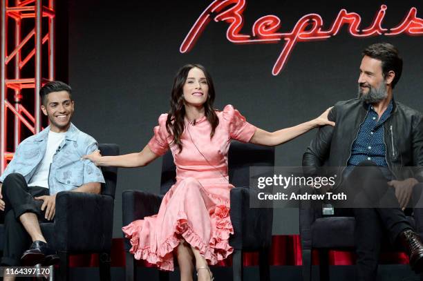 Mena Massoud, Abigail Spencer, and Rodrigo Santoro speak onstage during the Hulu 2019 Summer TCA Press Tour at The Beverly Hilton Hotel on July 26,...