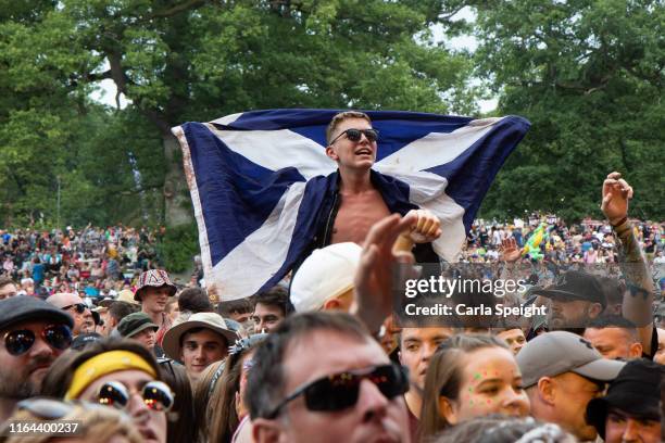 Members of the crowd enjoying Kendal Calling 2019 at Lowther Deer Park on July 26, 2019 in Kendal, England.