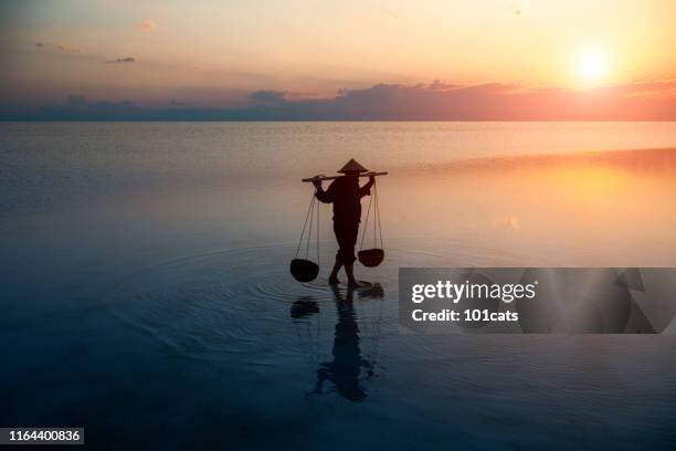 farmer carrying baskets on the water. - heritage stock pictures, royalty-free photos & images