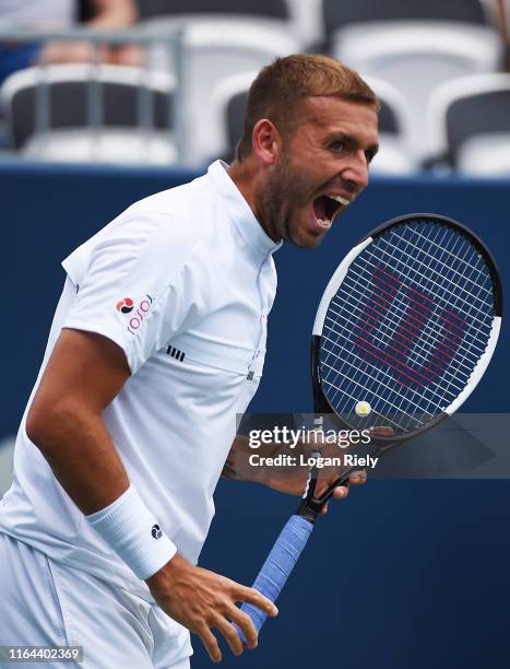 Daniel Evans of Great Britain reacts to a point against Reilly Opelka of the United States during the BB&T Atlanta Open at Atlantic Station on July...