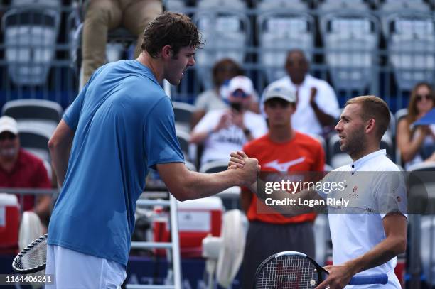 Reilly Opelka of the United States celebrates after defeating Daniel Evans of Great Britain during the BB&T Atlanta Open at Atlantic Station on July...