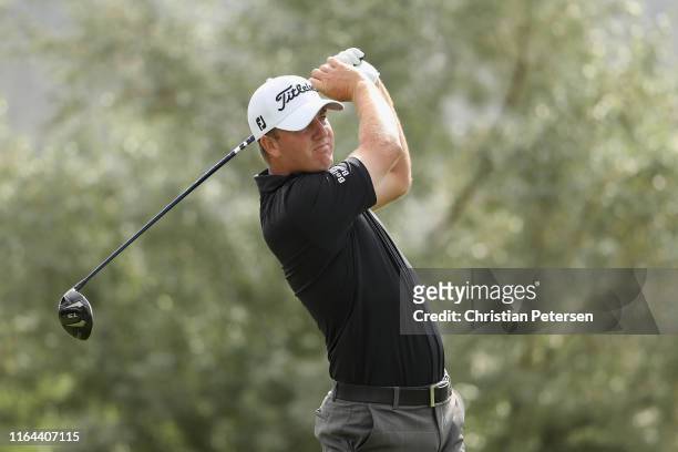 Tom Hoge plays a tee shot on the second hole during the second round of the Barracuda Championship at Montreux Country Club on July 26, 2019 in Reno,...