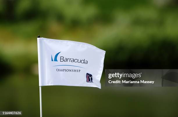 The pin flag is seen on the first hole during the second round of the Barracuda Championship at Montreux Country Club on July 26, 2019 in Reno,...