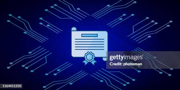 certificate icon on blue circuit board background. - digital certificate stock illustrations