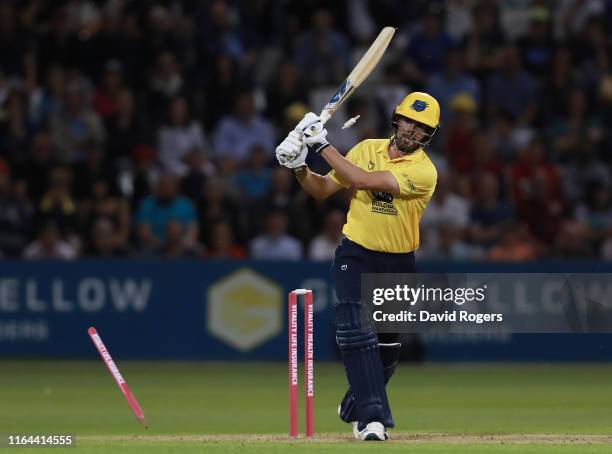 Will Rhodes of Birmingham Bears is bowled by Ben Sanderson during the Vitality Blast match between Northamptonshire Steelbacks and Birmingham Bears...