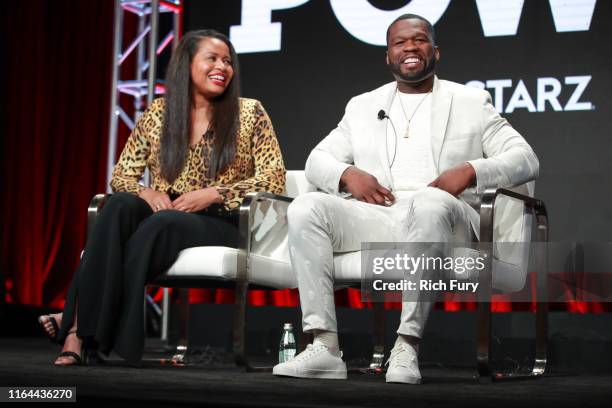 Courtney A. Kemp and Curtis "50 Cent" Jackson of 'Power' speak onstage during the Starz segment of the Summer 2019 Television Critics Association...