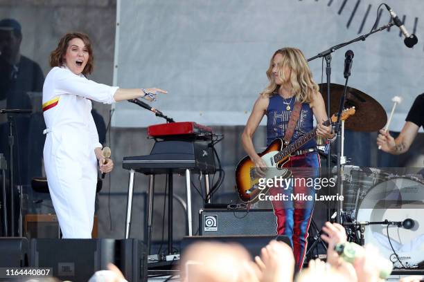 Brandi Carlile performs with Sheryl Crow during day one of the 2019 Newport Folk Festival at Fort Adams State Park on July 26, 2019 in Newport, Rhode...