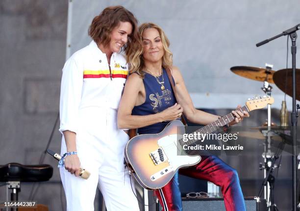 Brandi Carlile performs with Sheryl Crow during day one of the 2019 Newport Folk Festival at Fort Adams State Park on July 26, 2019 in Newport, Rhode...