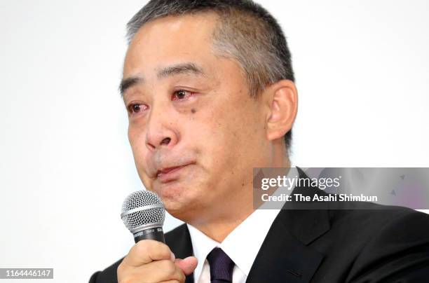 Talent agency Yoshimoto Kogyo Co. President Akihiko Okamoto attends a press conference on July 22, 2019 in Tokyo, Japan. Osaki apologised for a...