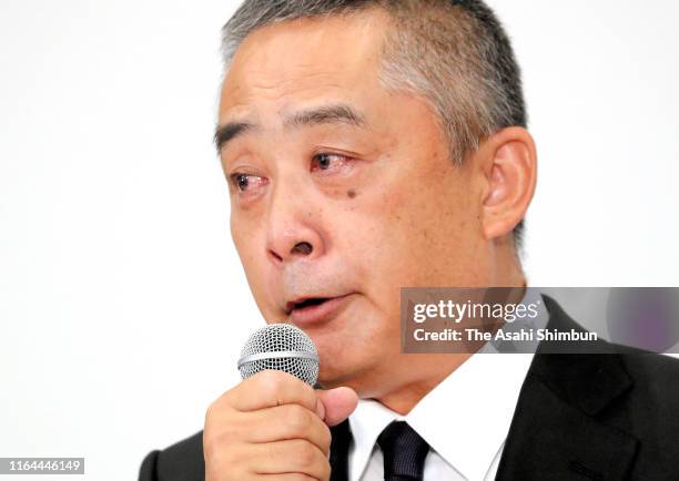 Talent agency Yoshimoto Kogyo Co. President Akihiko Okamoto attends a press conference on July 22, 2019 in Tokyo, Japan. Osaki apologised for a...