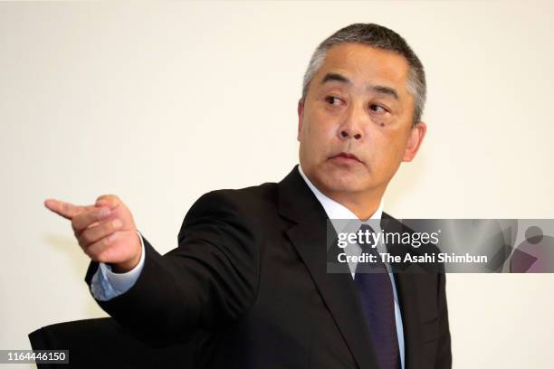 Talent agency Yoshimoto Kogyo Co. President Akihiko Okamoto attends a press conference on July 22, 2019 in Tokyo, Japan. Osaki apologised for a...