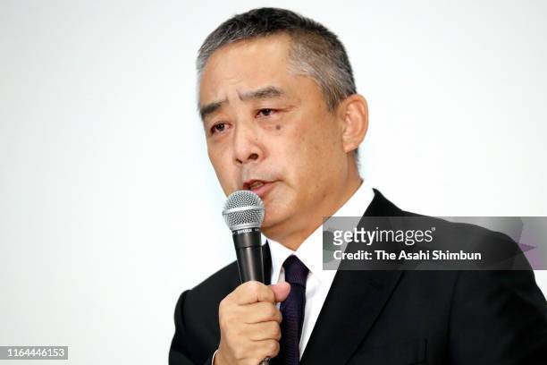 Talent agency Yoshimoto Kogyo Co. President Akihiko Okamoto attends a press conference on July 22, 2019 in Tokyo, Japan. Osaki apologised for a...