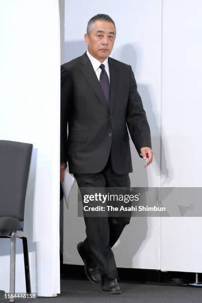 Talent agency Yoshimoto Kogyo Co. President Akihiko Okamoto attends a press conference on July 22, 2019 in Tokyo, Japan. Osaki apologised for a...