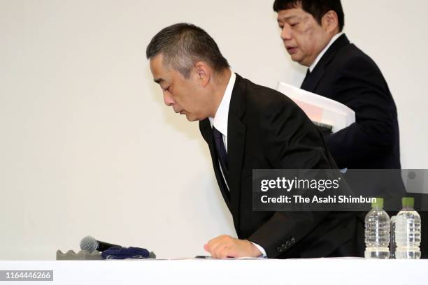 Talent agency Yoshimoto Kogyo Co. President Akihiko Okamoto leaves after a press conference on July 22, 2019 in Tokyo, Japan. Osaki apologised for a...