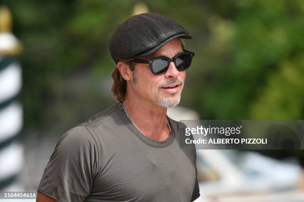 Actor Brad Pitt arrives by taxi boat on August 28, 2019 during the 76th Venice Film Festival at Venice Lido.