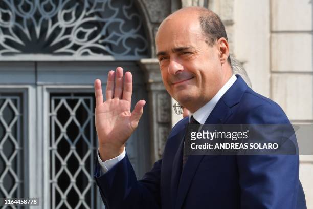 Italian left-wing party leader of the Democratic Party Nicola Zingaretti waves as he arrives for a meeting with the Italian President as part of a...