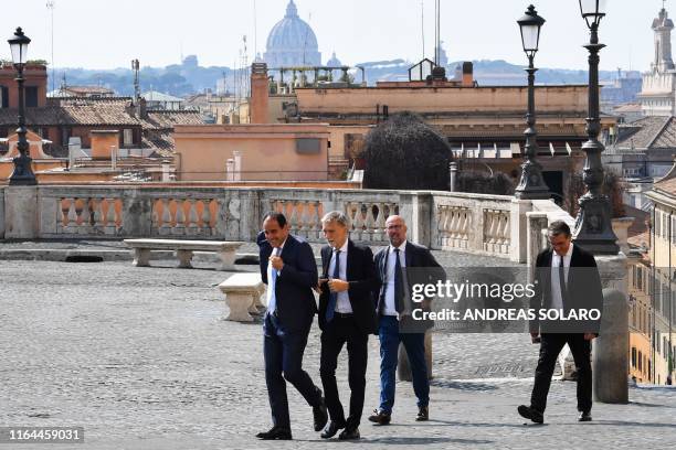 Italian Democratic Party member of parliament, Graziano Delrio and Italian Democratic Party senator, Andrea Marcucci arrive for a meeting with the...