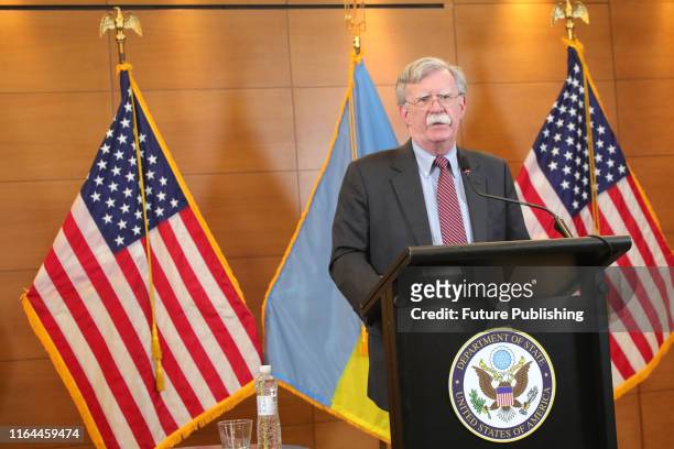 National Security Advisor of the United States John Bolton holds a news conference during his visit to Kyiv, capital of Ukraine, August 28, 2019....
