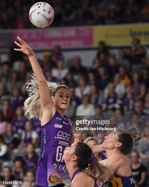 Gretal Tippett of the Firebirds jumps for the ball during the round 10 Super Netball match between the Firebirds and the Lightning at Brisbane Arena...