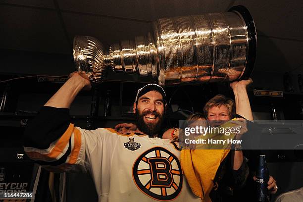 Zdeno Chara of the Boston Bruins celebrates in the locker room after defeating the Vancouver Canucks in Game Seven of the 2011 NHL Stanley Cup Final...