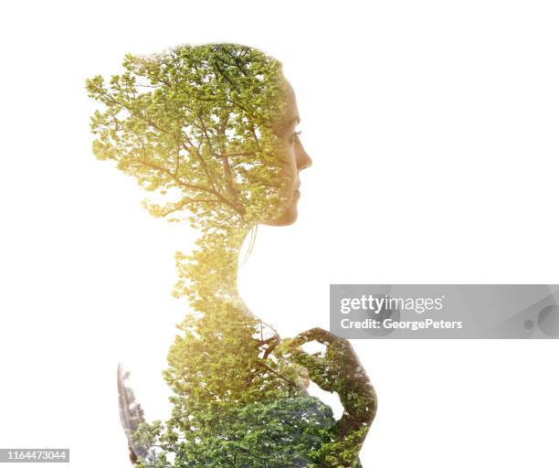 multiple exposure of young woman morphing into trees - spiritual healing stock pictures, royalty-free photos & images