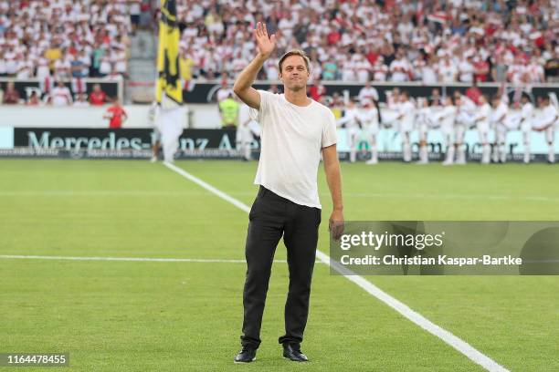 The former VfB Stuttgart player Timo Hildebrand attendsb the Second Bundesliga match between VfB Stuttgart and Hannover 96 at Mercedes-Benz Arena on...