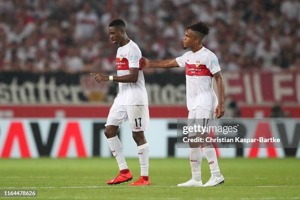 Maxime Awoudja of VfB Stuttgart leaves the pitch after getting a second yellow and the card during the Second Bundesliga match between VfB Stuttgart...