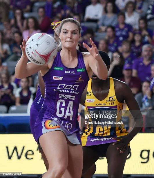 Gretal Tippett of the Firebirds catches the ball during the round 10 Super Netball match between the Firebirds and the Lightning at Brisbane Arena on...