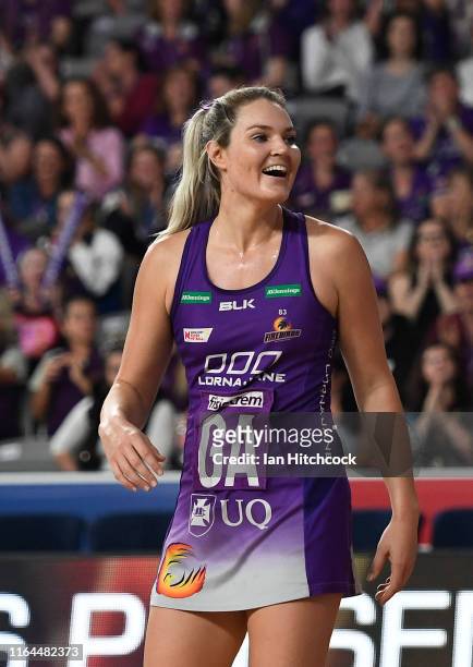Gretal Tippett of the Firebirds reacts during the round 10 Super Netball match between the Firebirds and the Lightning at Brisbane Arena on July 27,...