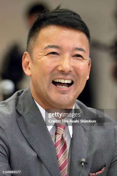 Party Reiwa Shinsengumi leader Taro Yamamoto speaks during a press conference after the Upper House election on July 21, 2019 in Tokyo, Japan.