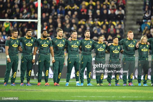 South Africa watch the New Zealand Haka before the 2019 Rugby Championship Test Match between New Zealand and South Africa at Westpac Stadium on July...