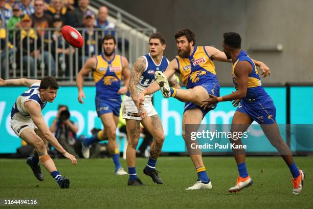 Josh Kennedy of the Eagles kicks his 600th goal during the round 19 AFL match between the West Coast Eagles and the North Melbourne Kangaroos at...