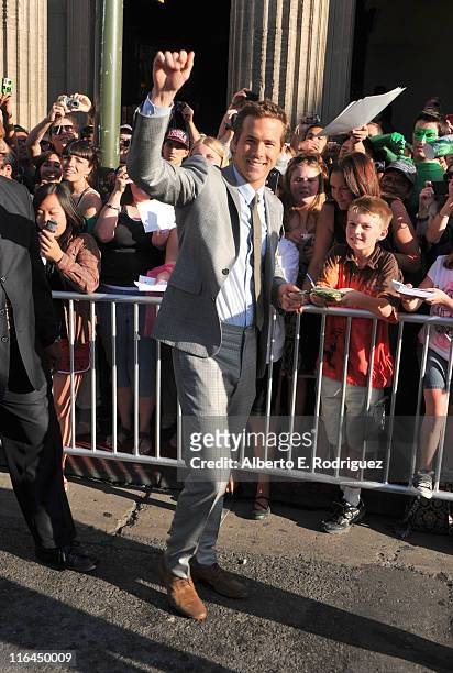 Actor Ryan Reynolds with fans at the premiere of Warner Bros. Pictures' "Green Lantern" held at Grauman's Chinese Theatre on June 15, 2011 in...