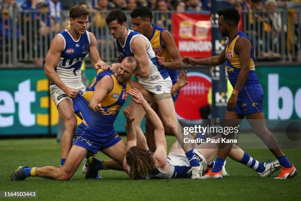 Will Schofield of the Eagles looks on during the round 19 AFL match between the West Coast Eagles and the North Melbourne Kangaroos at Optus Stadium...