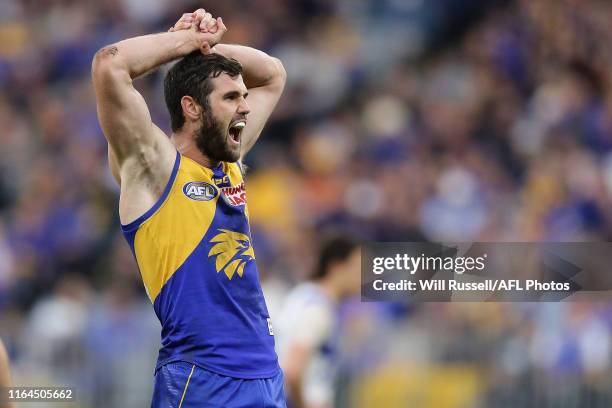 Jack Darling of the Eagles reacts after missing a shot on goal during the round 19 AFL match between the West Coast Eagles and the North Melbourne...