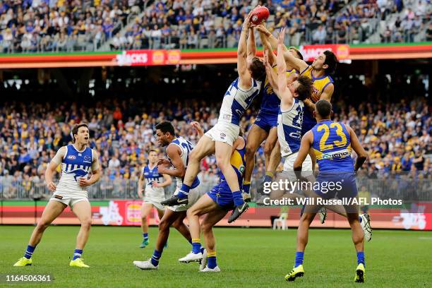 Tom Barrass of the Eagles spoils during the round 19 AFL match between the West Coast Eagles and the North Melbourne Kangaroos at Optus Stadium on...