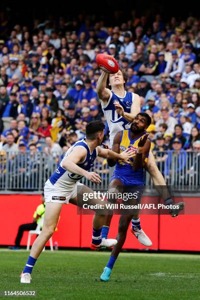 Jared Polec of the Kangaroos spoils during the round 19 AFL match between the West Coast Eagles and the North Melbourne Kangaroos at Optus Stadium on...