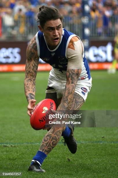 Marley Williams of the Kangaroos in action during the round 19 AFL match between the West Coast Eagles and the North Melbourne Kangaroos at Optus...