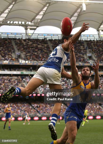 Jack Darling of the Eagles contests for a mark against Robbie Tarrant of the Kangaroos during the round 19 AFL match between the West Coast Eagles...