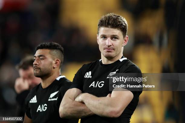Richie Mo’unga and Beauden Barrett of the All Blacks look on after drawing the 2019 Rugby Championship Test Match between New Zealand and South...