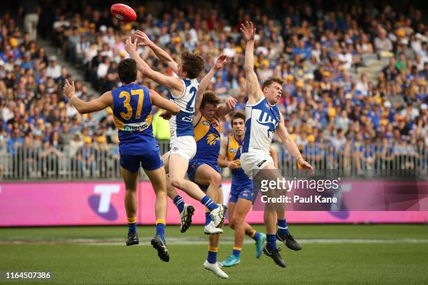 Nick Larkey of the Kangaroos contests for a mark during the round 19 AFL match between the West Coast Eagles and the North Melbourne Kangaroos at...