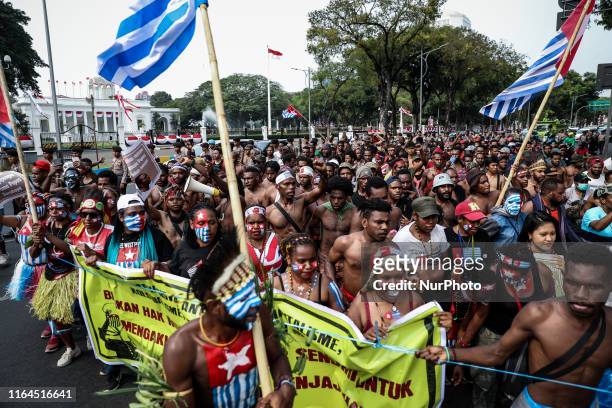 Papuan students attend during a rally in Jakarta, Indonesia, on August 28, 2019. Student and activist gathered for a protest supporting West Papua s...